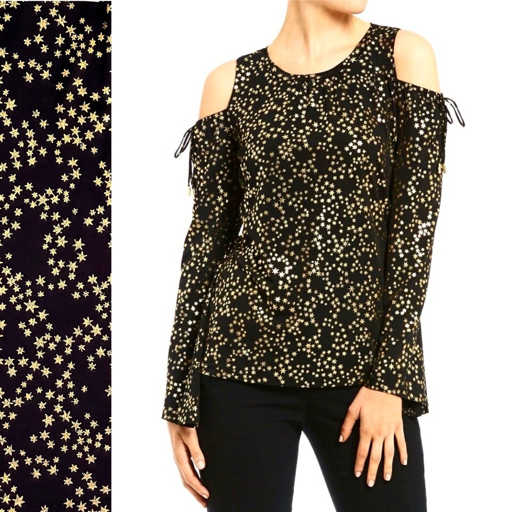 Michael Kors Cold Shoulders Blouse Gold Stars Print Long Sleeves Logo Ties